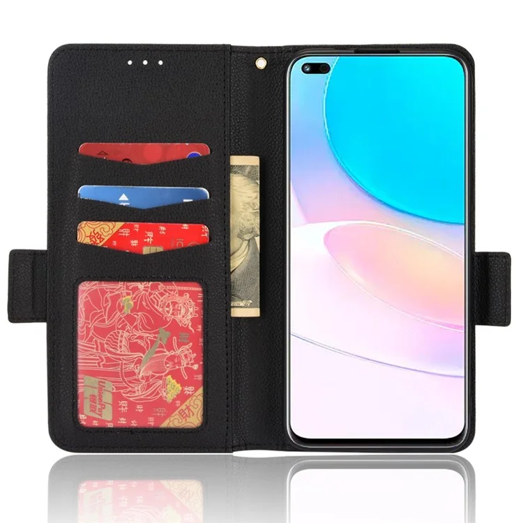 Double Magnetic Clasp Litchi Texture PU Leather Stand Flip Cover Anti-Fall Protective Wallet Phone Case for Huawei nova 8i / Honor 50 Lite - Black
