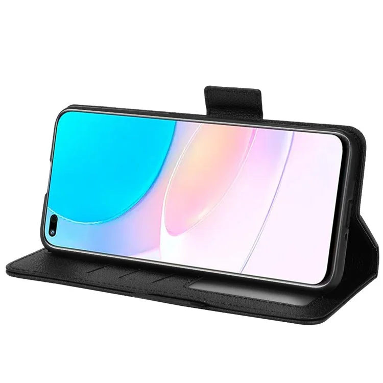 Double Magnetic Clasp Litchi Texture PU Leather Stand Flip Cover Anti-Fall Protective Wallet Phone Case for Huawei nova 8i / Honor 50 Lite - Black