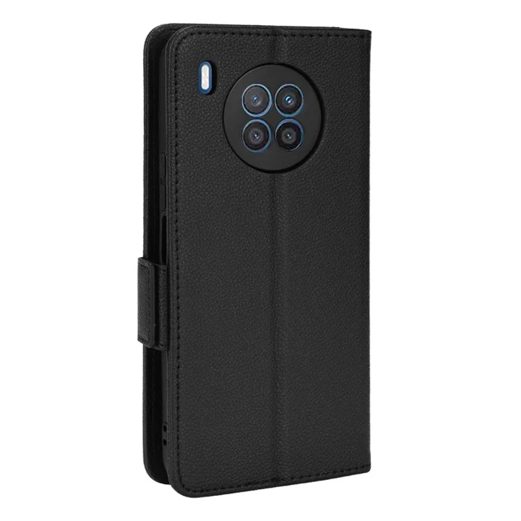 Double Magnetic Clasp Litchi Texture PU Leather Stand Flip Cover Anti-Fall Protective Wallet Phone Case for Huawei nova 8i / Honor 50 Lite - Black