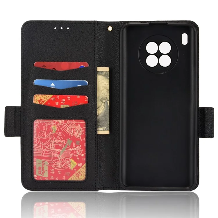 Double Magnetic Clasp Litchi Texture PU Leather Stand Flip Cover Anti-Fall Protective Wallet Phone Case for Huawei nova 8i / Honor 50 Lite - Black