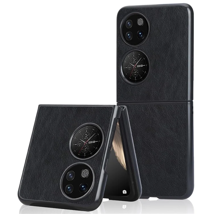 Litchi Texture Anti-rayure Étui de téléphone portable en PC enduit de cuir PU pour Huawei P50 Pocket / Pocket S - Noir 