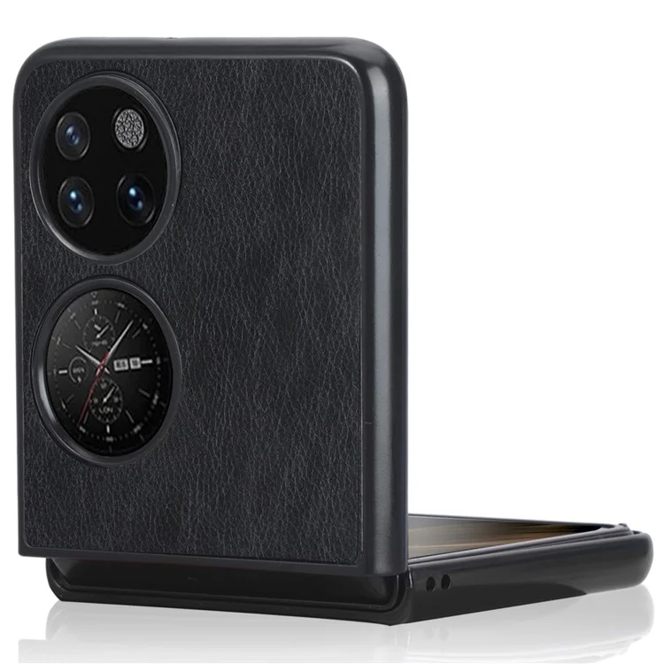 Litchi Texture Anti-rayure Étui de téléphone portable en PC enduit de cuir PU pour Huawei P50 Pocket / Pocket S - Noir 