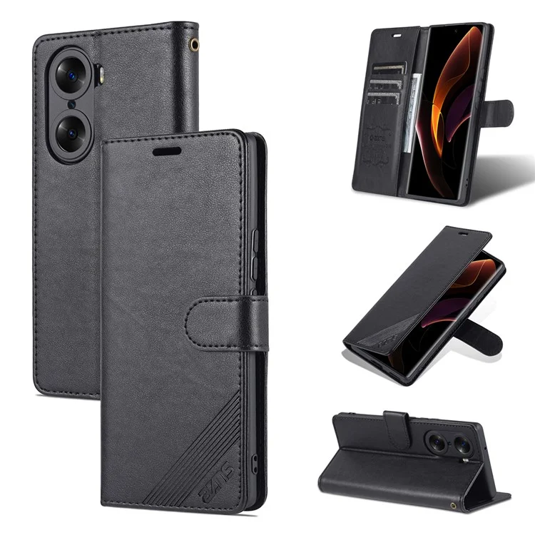 AZNS Anti-kratzer Anti-fingerabdruck Textured TPU + PU Leder Stand Wallet Hülle Magnetische Telefonabdeckung Für Honor 60 Pro - Schwarz