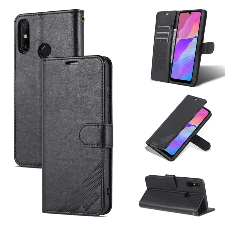 Azns Caja de Billetera de Cuero PU Texturizada TPU Interior Tpu Magnetic Protective Flip Cover With Stand Función Para Huawei Disfrute de 20e - Negro