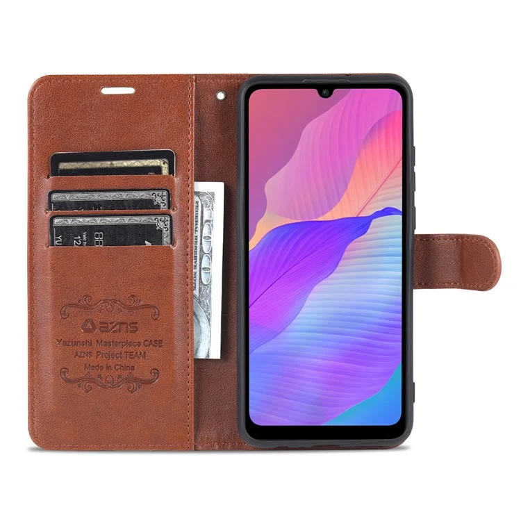 AZNS Textured PU Leather Wallet Case Inner TPU Magnetic Protective Flip Cover with Stand Function for Huawei Enjoy 20e - Brown