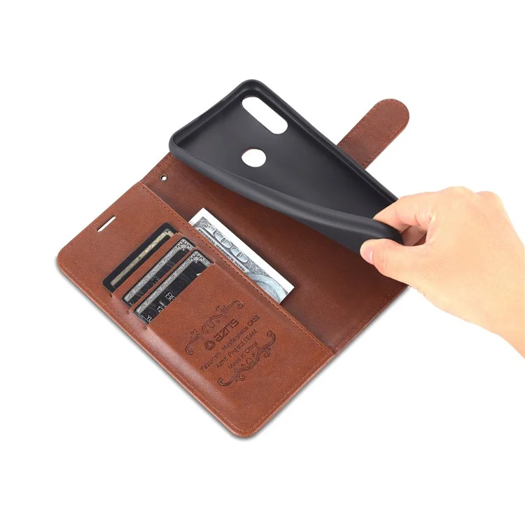 AZNS Textured PU Leather Wallet Case Inner TPU Magnetic Protective Flip Cover with Stand Function for Huawei Enjoy 20e - Brown