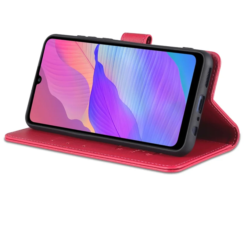 AZNS Teksturowana etui portfel z premium skórki PU z magnetyczną funkcją ochronną z podstawką, etui z wewnętrznej części TPU dla Huawei Enjoy 20e - Czerwony