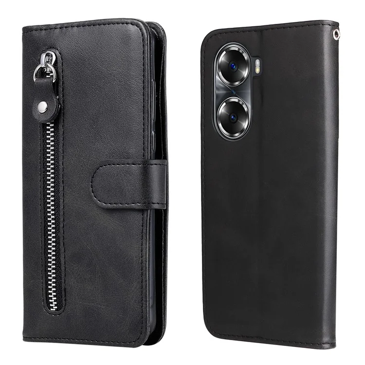 Drop Proof PU Leather Zippered Pocket Phone Case Coin Holder Wallet Stand Folding Case for Honor 60 - Black