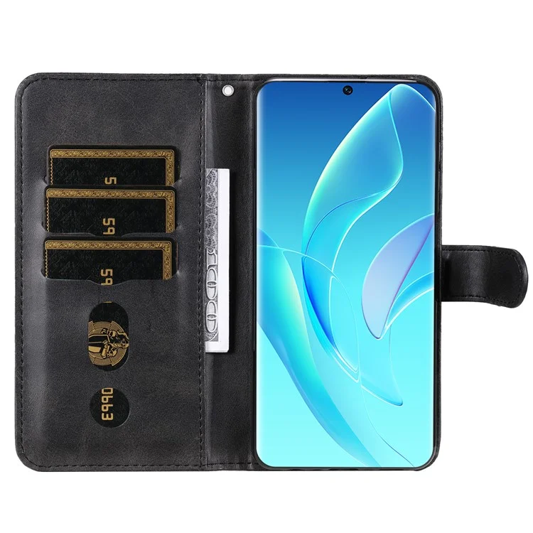 Drop Proof PU Leather Zippered Pocket Phone Case Coin Holder Wallet Stand Folding Case for Honor 60 - Black