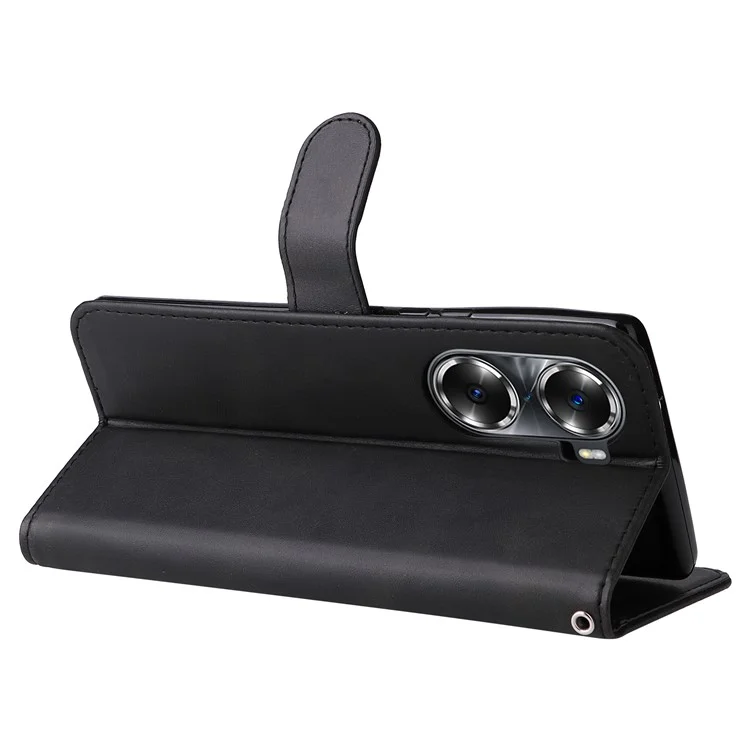 Drop Proof PU Leather Zippered Pocket Phone Case Coin Holder Wallet Stand Folding Case for Honor 60 - Black