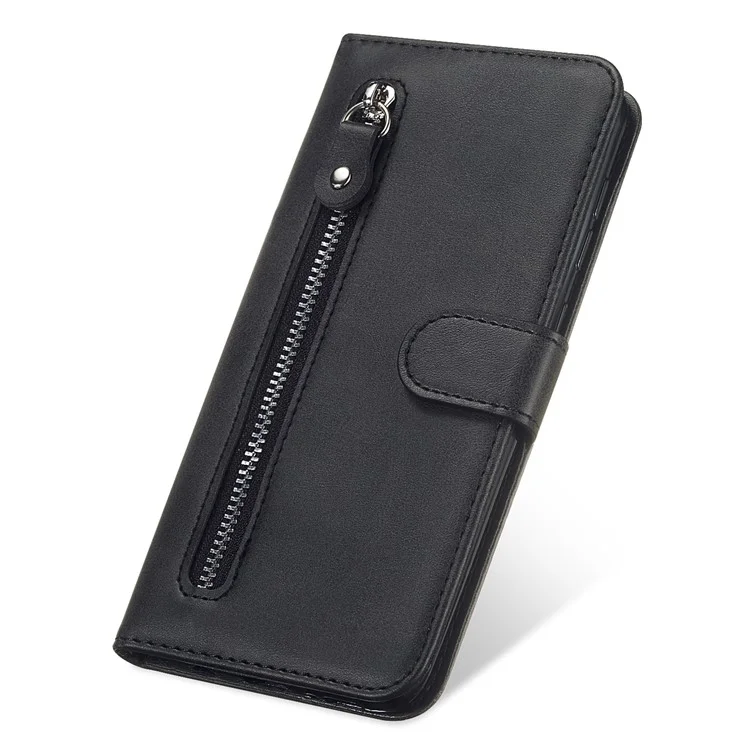 Drop Proof PU Leather Zippered Pocket Phone Case Coin Holder Wallet Stand Folding Case for Honor 60 - Black