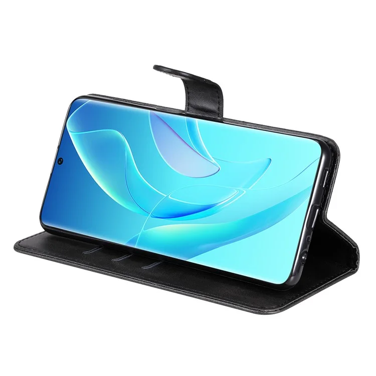 Drop Proof PU Leather Zippered Pocket Phone Case Coin Holder Wallet Stand Folding Case for Honor 60 - Black