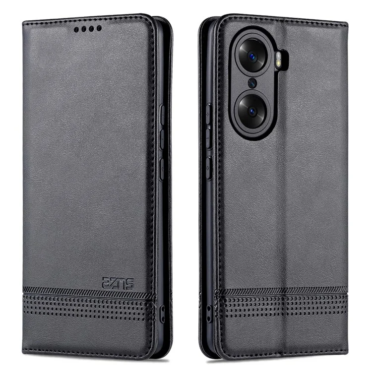 AZNS Fall Prevention PU Leather Wallet Flip Case Magnetic Absorption Folding Stand Protective Cover for Honor 60 - Black