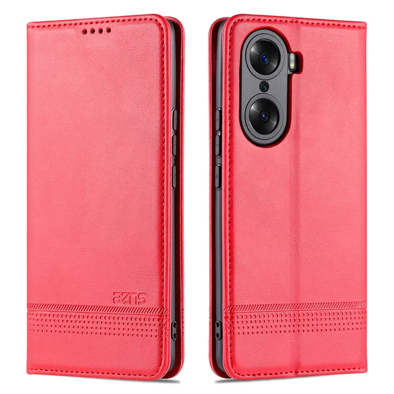 AZNS Fall Prevention PU Leather Wallet Flip Case Magnetic Absorption Folding Stand Protective Cover for Honor 60 - Red