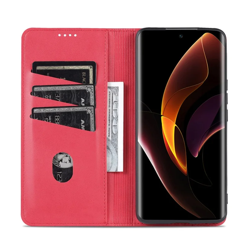 AZNS Fall Prevention PU Leather Wallet Flip Case Magnetic Absorption Folding Stand Protective Cover for Honor 60 - Red