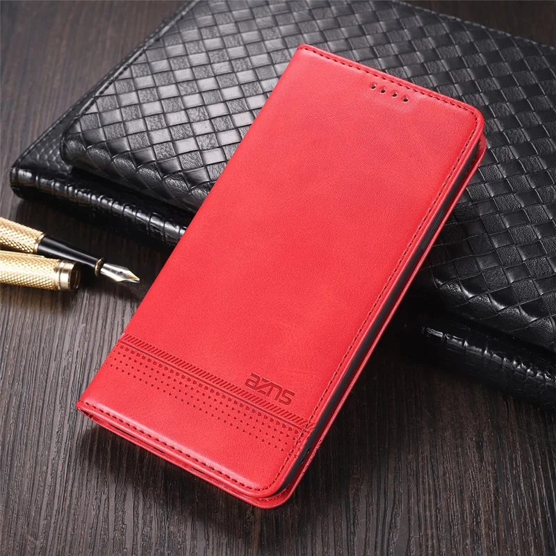 AZNS Fall Prevention PU Leather Wallet Flip Case Magnetic Absorption Folding Stand Protective Cover for Honor 60 - Red