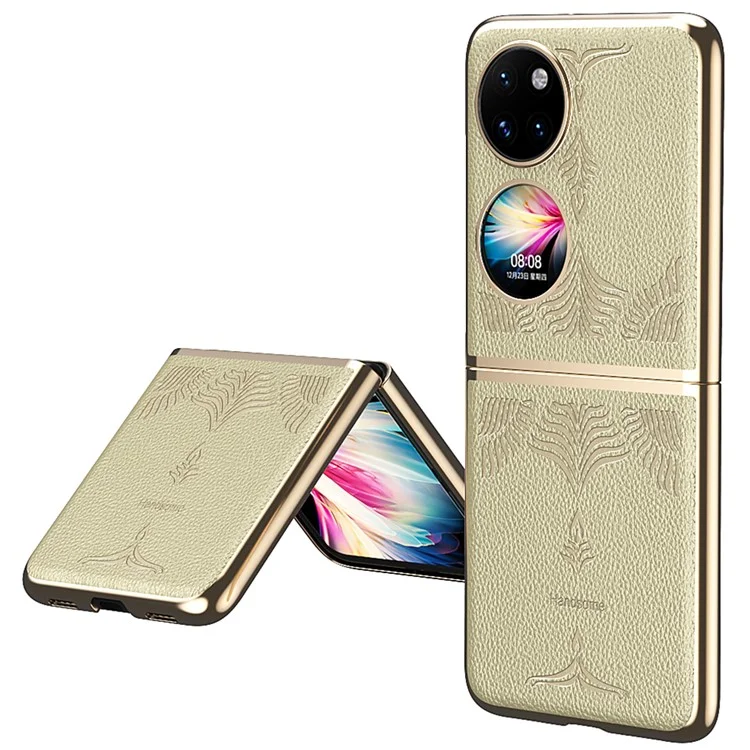 Per Huawei P50 Pocket Pocket Electroplating Frame Design Texture In Pelle PU Custodia Rigida In Pelle PC PC - Oro