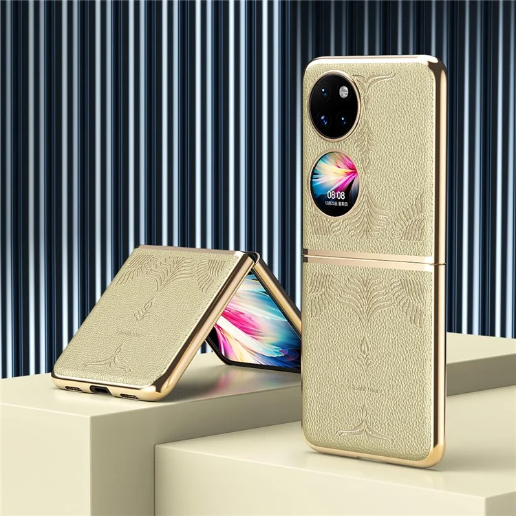 Para Huawei P50 Bolsillo Galvanoplastia Diseño De Marco Con Textura De Cuero De PU Recubierto De La Caja De La Caja Del Teléfono De La PC - Oro