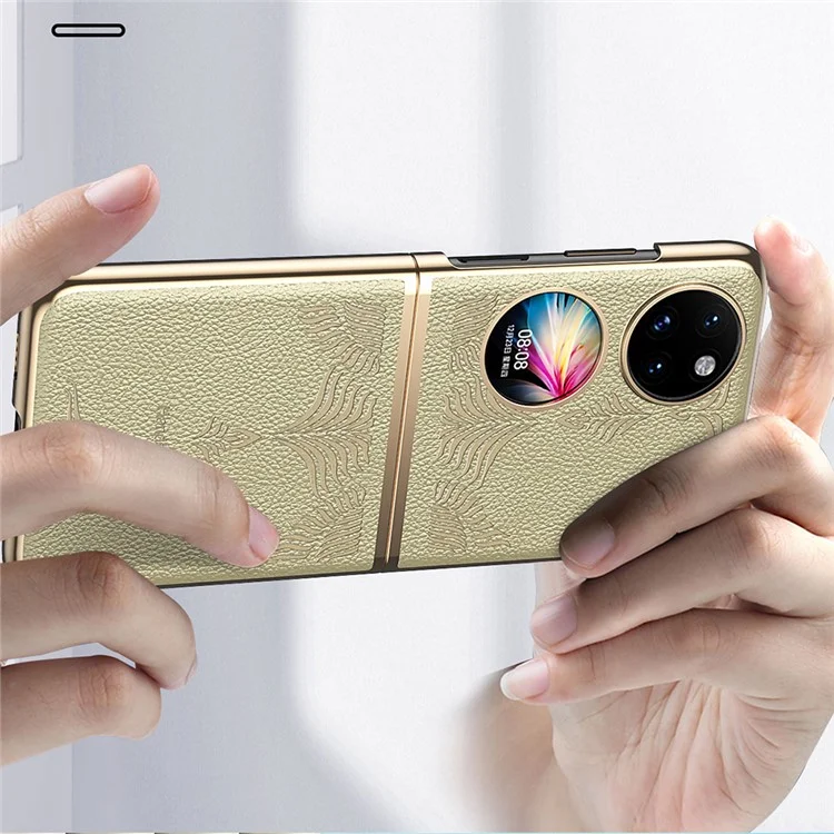 Per Huawei P50 Pocket Pocket Electroplating Frame Design Texture In Pelle PU Custodia Rigida In Pelle PC PC - Oro