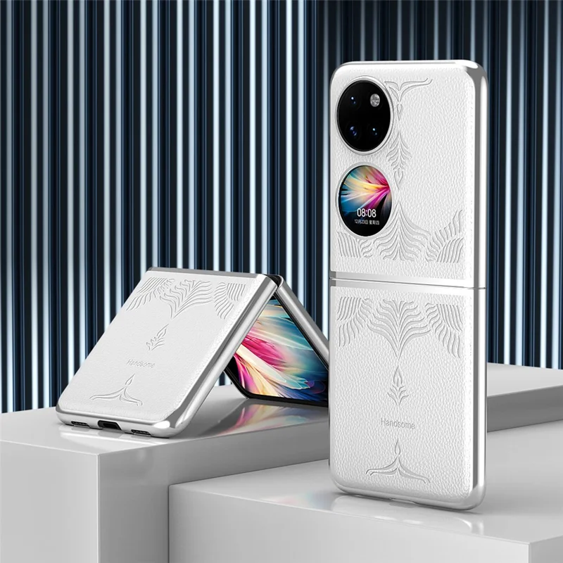 For Huawei P50 Pocket / Pocket S Electroplating Frame Design Textured PU Leather Coated Hard PC Phone Case Cover - White