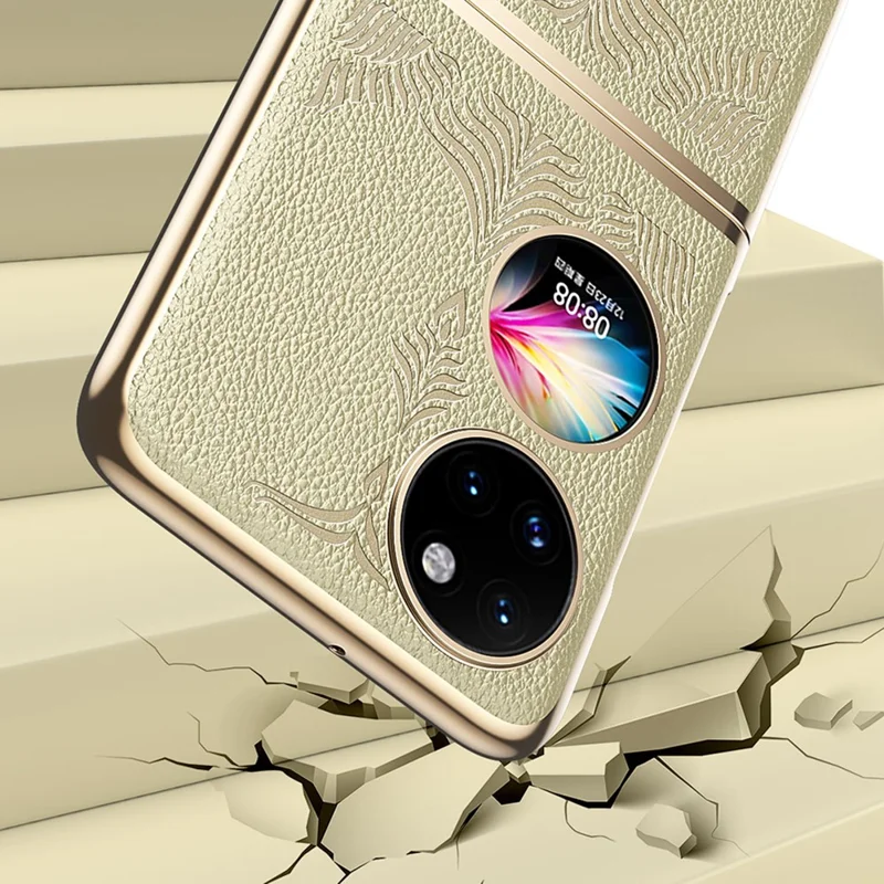 For Huawei P50 Pocket / Pocket S Electroplating Frame Design Textured PU Leather Coated Hard PC Phone Case Cover - White