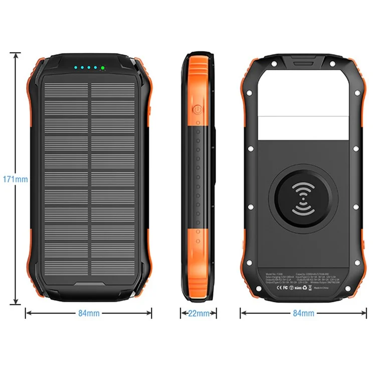 F16W PD18W + 10W Wireless Wireless Fast Carger 16000mah Solar Power Bank IP65 Packle de Batería Externa Impermeable Impermeable Para Ipad Iphone - Naranja