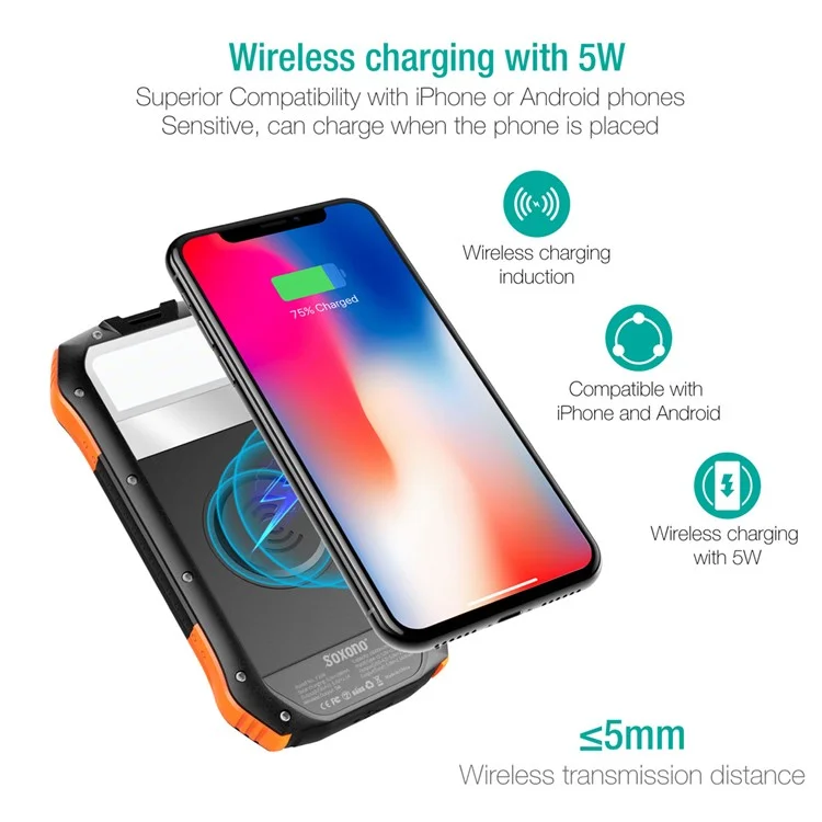 F16W PD18W + 10W Wireless Wireless Fast Carger 16000mah Solar Power Bank IP65 Packle de Batería Externa Impermeable Impermeable Para Ipad Iphone - Naranja