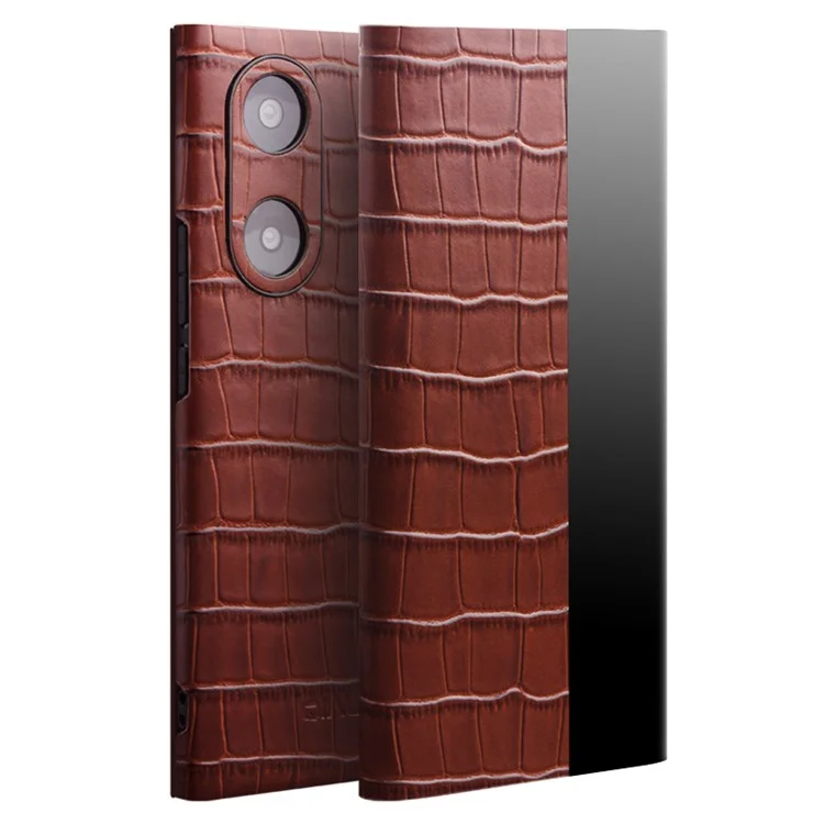 QIALINO For Honor 50 Pro/Huawei nova 9 Pro Crocodile Texture Phone Case Top Layer Cowhide Leather Cover with View Window - Brown