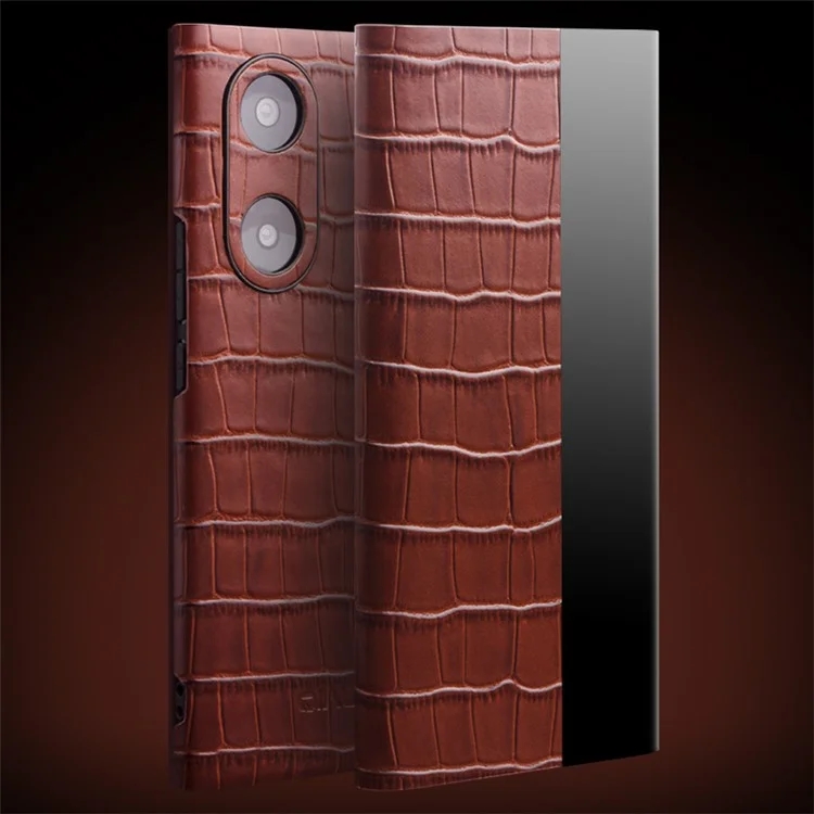 QIALINO For Honor 50 Pro/Huawei nova 9 Pro Crocodile Texture Phone Case Top Layer Cowhide Leather Cover with View Window - Brown