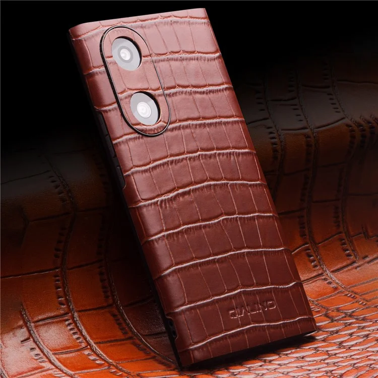 QIALINO For Honor 50 Pro/Huawei nova 9 Pro Crocodile Texture Phone Case Top Layer Cowhide Leather Cover with View Window - Brown