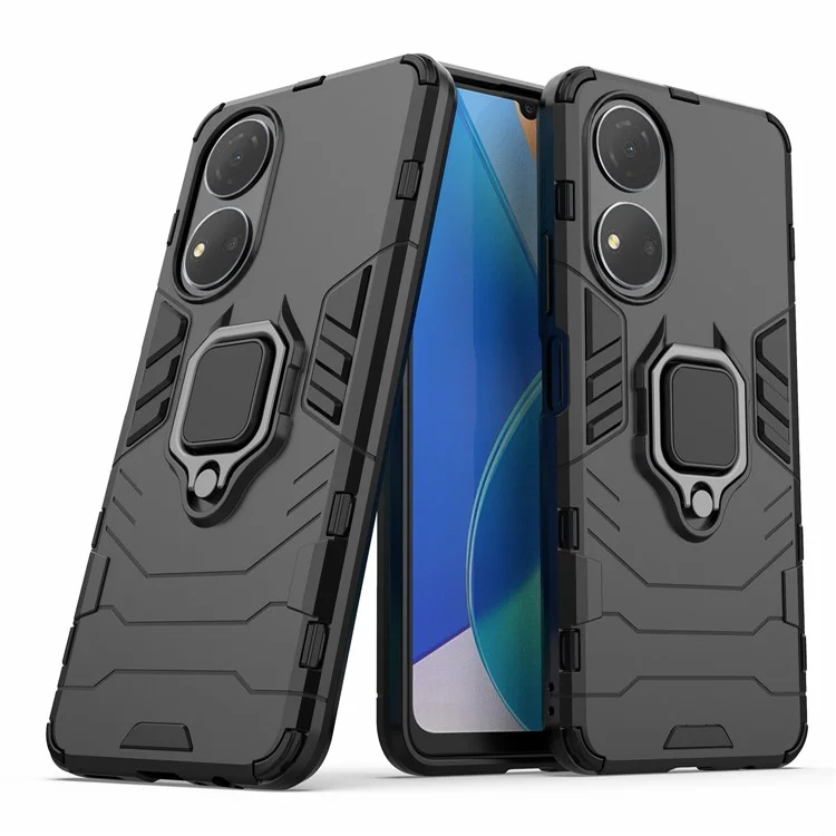 Honor Play 30 Plus 5G / X7 4G Ring Kickstand Hartplastik + Weich TPU stoßfeste Handyhülle - Schwarz