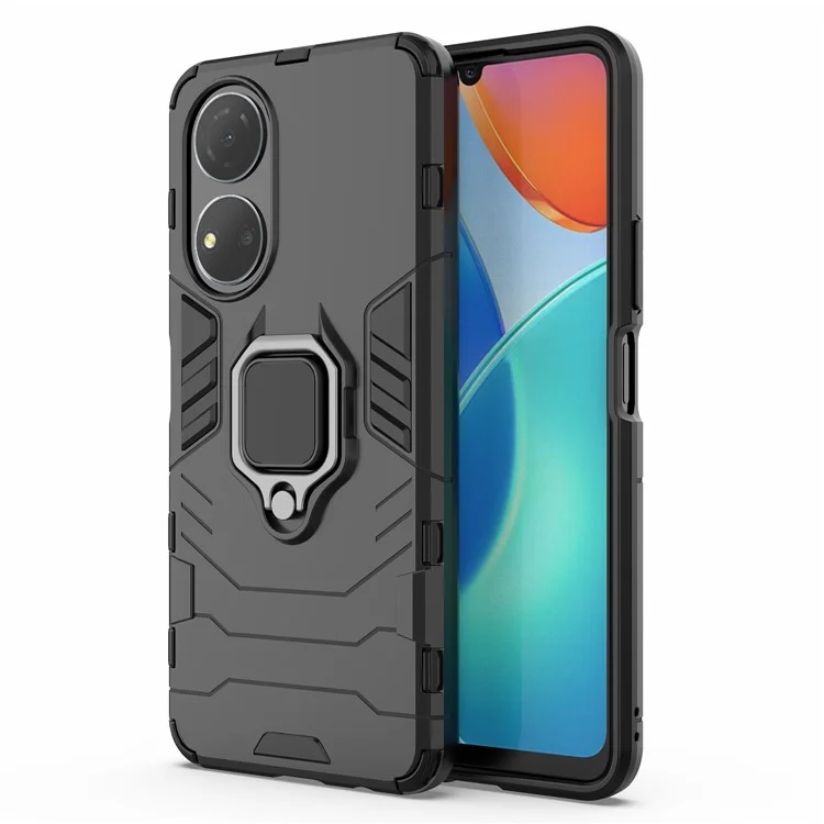 Honor Play 30 Plus 5G / X7 4G Ring Kickstand Hartplastik + Weich TPU stoßfeste Handyhülle - Schwarz