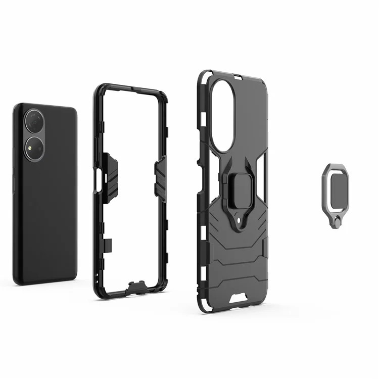 Honor Play 30 Plus 5G / X7 4G Ring Kickstand Hartplastik + Weich TPU stoßfeste Handyhülle - Schwarz