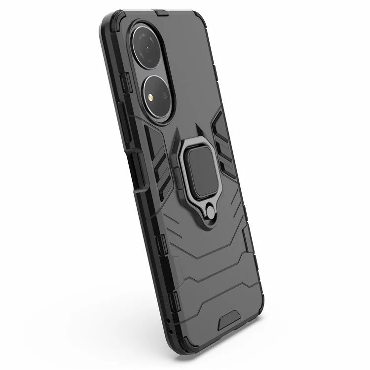 Honor Play 30 Plus 5G / X7 4G Ring Kickstand Hartplastik + Weich TPU stoßfeste Handyhülle - Schwarz