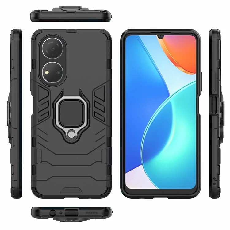 Honor Play 30 Plus 5G / X7 4G Ring Kickstand Hartplastik + Weich TPU stoßfeste Handyhülle - Schwarz