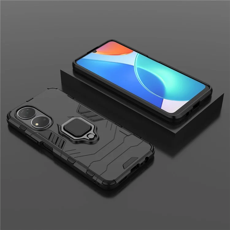 Honor Play 30 Plus 5G / X7 4G Ring Kickstand Hartplastik + Weich TPU stoßfeste Handyhülle - Schwarz