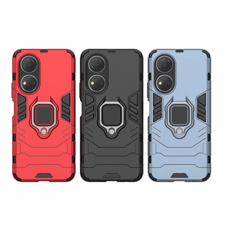 Honor Play 30 Plus 5G / X7 4G Ring Kickstand Hartplastik + Weich TPU stoßfeste Handyhülle - Schwarz