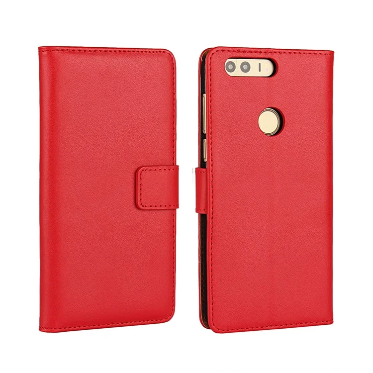Genuine Split Leather Wallet Stand Shell for Huawei Honor 8 - Red