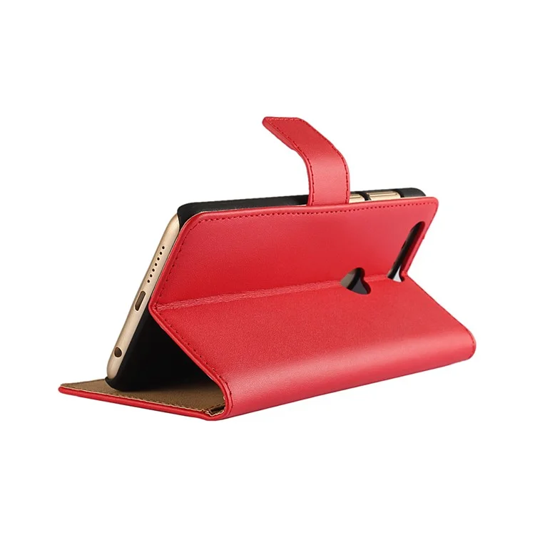 Genuine Split Leather Wallet Stand Shell for Huawei Honor 8 - Red
