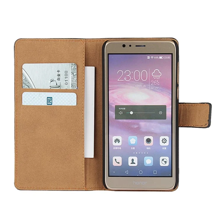 Genuine Split Leather Wallet Stand Shell for Huawei Honor 8 - Red