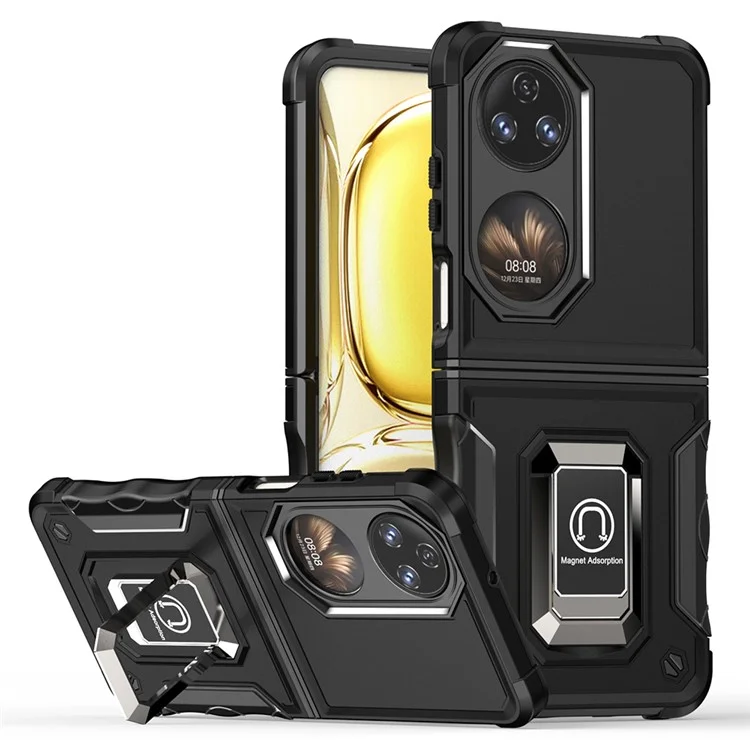 Pour Huawei P50 Pocket Hard PC + Soft TPU Hybrid Couvercle Annir Antrach Ring Thelostand Case - le Noir