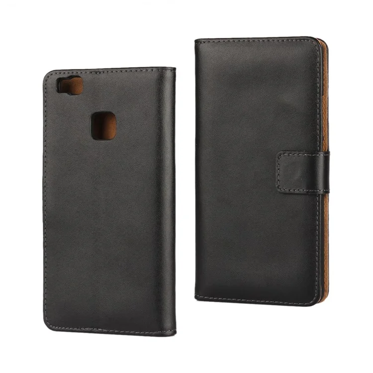 Echtes Split Leather Wallet Case Für Huawei P9 Lite - Schwarz