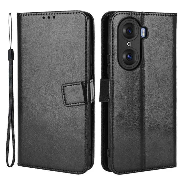 Für Ehren 60 Schocksicheres Verrückter Pferde Leder -telefon Shell Wallet Stand Functor Protector Mit Handlichem Riemen - Schwarz