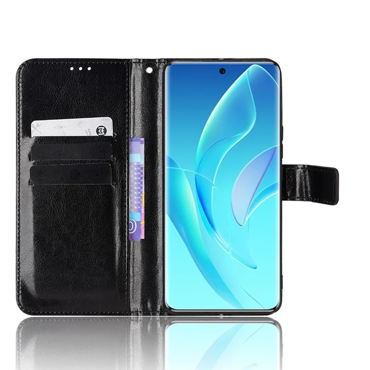 Für Ehren 60 Schocksicheres Verrückter Pferde Leder -telefon Shell Wallet Stand Functor Protector Mit Handlichem Riemen - Schwarz