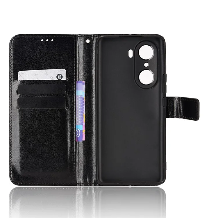 Für Ehren 60 Schocksicheres Verrückter Pferde Leder -telefon Shell Wallet Stand Functor Protector Mit Handlichem Riemen - Schwarz