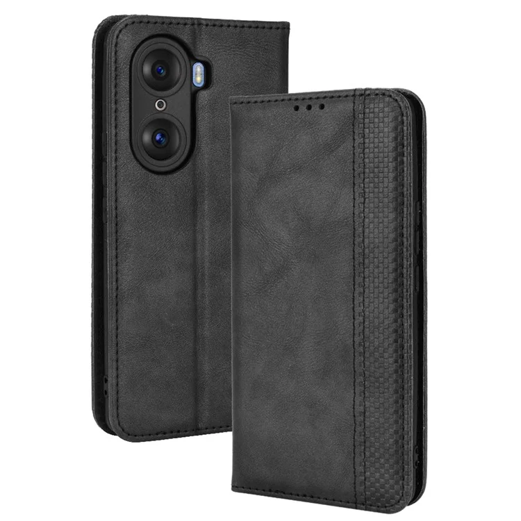 For Honor 60 PU Leather Wallet Vintage Cell Phone Case Mosaic Imprinted Shockproof Magnetic Anti-fall Cover - Black