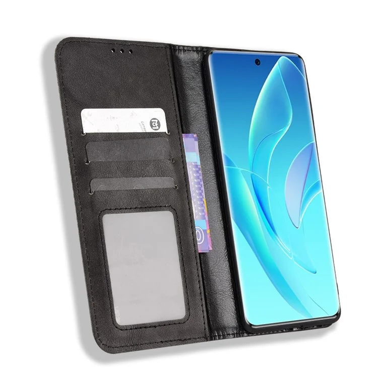 For Honor 60 PU Leather Wallet Vintage Cell Phone Case Mosaic Imprinted Shockproof Magnetic Anti-fall Cover - Black