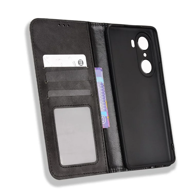 For Honor 60 PU Leather Wallet Vintage Cell Phone Case Mosaic Imprinted Shockproof Magnetic Anti-fall Cover - Black