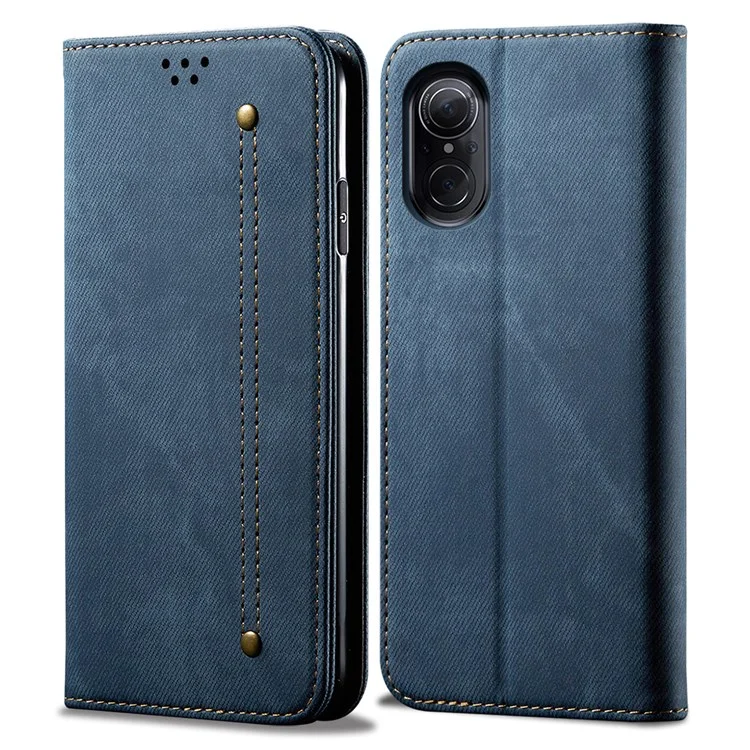 Para Huawei nova 9 SE Suporte Magnético Jeans Textura de Tecido Capa de Couro PU Carteira Flip Cover - Azul