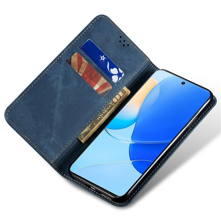 Para Huawei nova 9 SE Suporte Magnético Jeans Textura de Tecido Capa de Couro PU Carteira Flip Cover - Azul